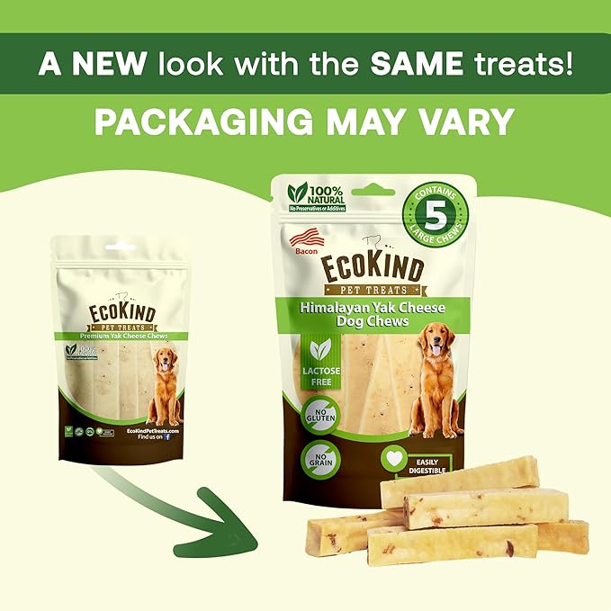 EcoKind Premium Gold Yak Cheese Himalayan Dog Chews, Dog Treats Large Breed, All Natural, High Protein Dog Chew, Bacon, Large - 1 Chew
