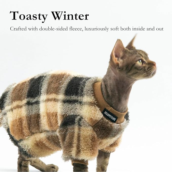 Cat Double-Sided Fleece Clothes, Soft Warm Winter Jumpsuit Sweater Shirt Clothing for Hairless Sphynx, Devon & All Indoor Kittens (Green,XL)