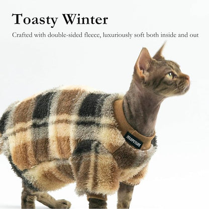 Cat Double-Sided Fleece Clothes, Soft Warm Winter Jumpsuit Sweater Shirt Clothing for Hairless Sphynx, Devon & All Indoor Kittens (Green,XL)
