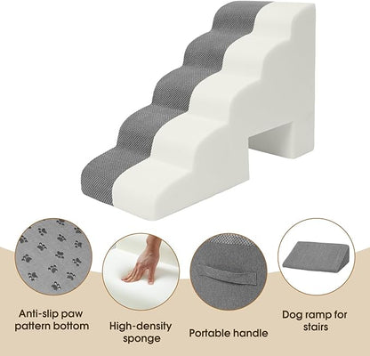 MALOROY Dog Stairs for High Beds 20-24 inches Tall, 5-Step Dog Steps for Bed for Small Dogs, Doggie Ramp for Bed, 30D Foam Pet Stairs for Old Dogs/Cats for Bedsides Climbing, Free-Installation, Grey