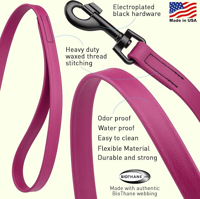 Dogline Biothane Waterproof Dog Leash Strong Coated Nylon Webbing with Black Hardware Odor-Proof Easy to Clean High Performance for Small or Large Dogs Made in USA 4 or 6 ft Lead, Magenta Pink