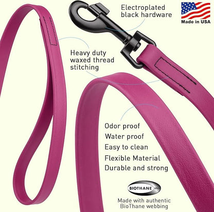 Dogline Biothane Waterproof Dog Leash Strong Coated Nylon Webbing with Black Hardware Odor-Proof Easy to Clean High Performance for Small or Large Dogs Made in USA 4 or 6 ft Lead, Magenta Pink