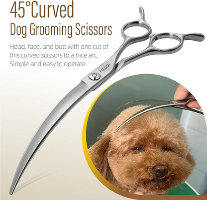 45°Curved Dog Grooming Scissors Curved Thinning Shears 2PCS Combo(RoseRed)