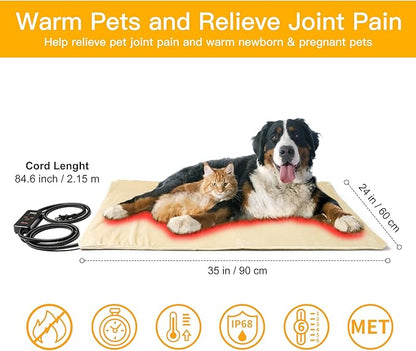 Toozey Large Pet Heating Pad, 6 Adjustable Temperature Heated Dog Bed with Timer, Waterproof Electric Heated Mat for Dogs and Cats, Chew Resistant Cord, Safe Indoor Use, 35x24in