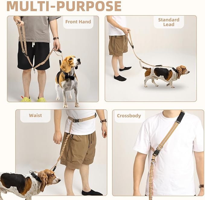 PUPTECK Heavy Duty Bungee Dog Leash for Medium Large Dogs, No Pull Tactical Dog Leashes with Double Handles for Training, Reflective Dog Leash with Car Seatbelt and Quick Release Buckle, Moccasin