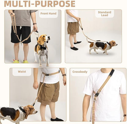 PUPTECK Heavy Duty Bungee Dog Leash for Medium Large Dogs, No Pull Tactical Dog Leashes with Double Handles for Training, Reflective Dog Leash with Car Seatbelt and Quick Release Buckle, Moccasin