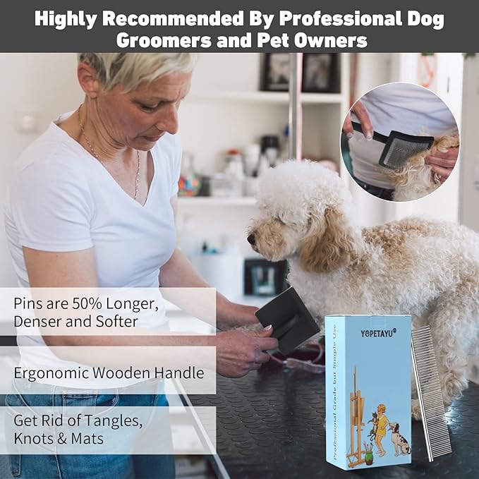 Dog Slicker Brush & Stainless Steel Comb Set for Shedding & Grooming Medium & Large Long or Thick Coated Dogs, Doodles & Cats, 1 Inch Pin Slicker Brush with Ergonomic Wooden Handle, Black