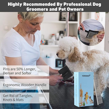 Dog Slicker Brush & Stainless Steel Comb Set for Shedding & Grooming Medium & Large Long or Thick Coated Dogs, Doodles & Cats, 1 Inch Pin Slicker Brush with Ergonomic Wooden Handle, Black