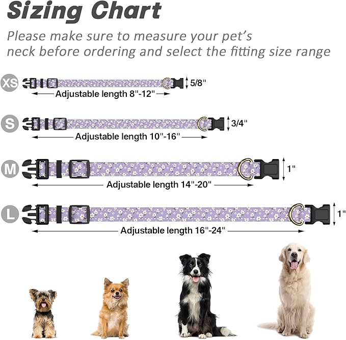 Reflective Dog Collar for Large Dogs, Cute Flower Theme Adjustable Heavy-Duty Nylon Puppy Collar for Boy and Girl Female, Soft Pet Accessories with Quick Release Buckle, Purple White