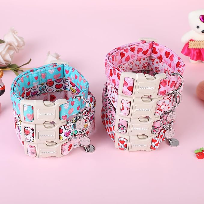 DOGWONG Valentine's Dog Collar - Blue Heart Candy Adjustable Cotton Heart Dog Collar - Perfect for Small to Medium Dogs
