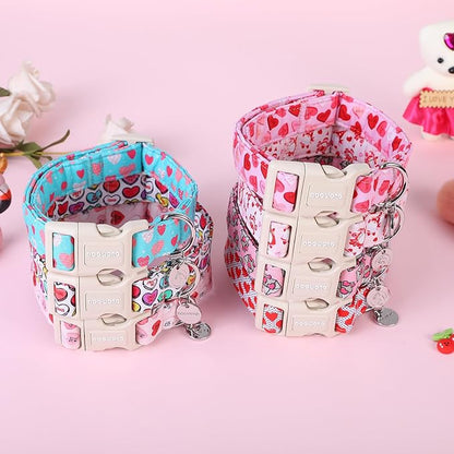 DOGWONG Valentine's Dog Collar - Blue Heart Candy Adjustable Cotton Heart Dog Collar - Perfect for Small to Medium Dogs