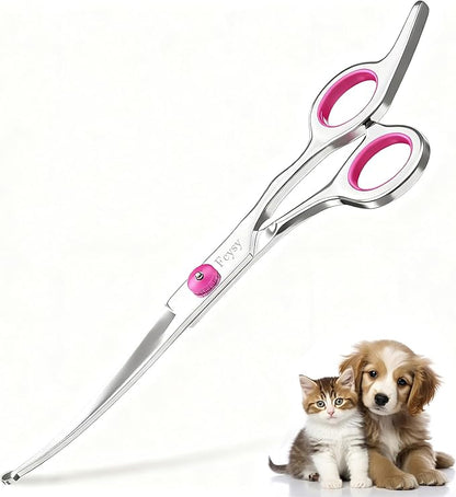 Curved Scissors for Dog Grooming, Fcysy Stainless Steel Pet Grooming Shears with Safety Round Tip, Curved Dog Grooming Scissors for Dogs & Cats Face, Legs, Ears – Pink