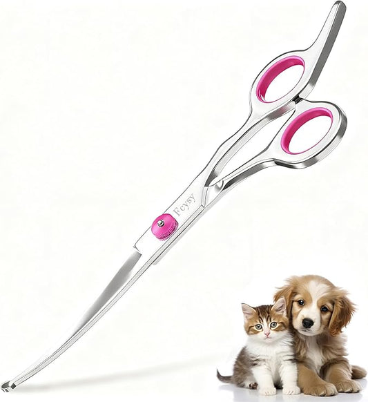 Curved Scissors for Dog Grooming, Fcysy Stainless Steel Pet Grooming Shears with Safety Round Tip, Curved Dog Grooming Scissors for Dogs & Cats Face, Legs, Ears – Pink