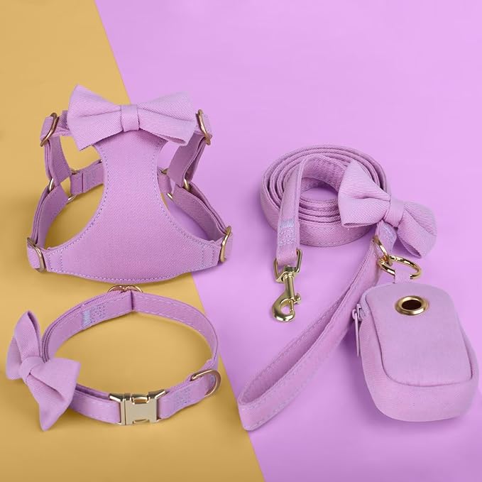 Beirui Adorable Small Dog Harness Collar and Leash Set,Cute Puppy Harness Set with 3 Bows for Small Dogs,Shih Tzu,Dachshund,Adjustable Step-in Vest for Daily Walking,Parties&Holiday Outfits(Purple,S)