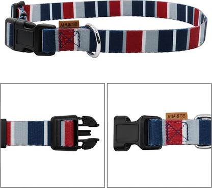 Dog Collar, Cute Multi Stripe Pattern, Soft and Adjustable Collar with Quick Release Buckle (XS (Neck 9-13", Width 3/8"), Rainbow Navy)