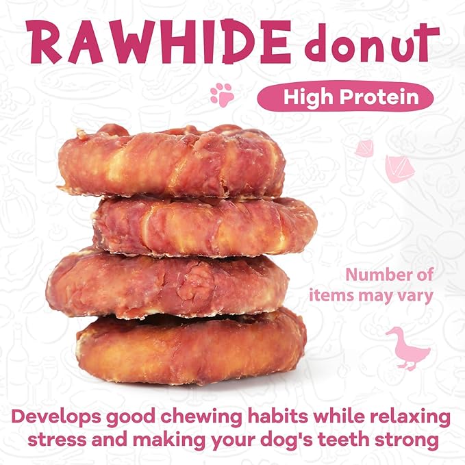 PAWUP Duck Dog Chews, Donut Rawhide Treat, Long Lasting Rawhide Ring, Natural w/Taurine, 12.5oz