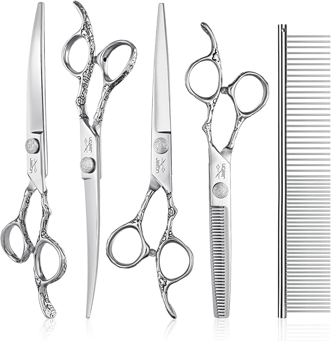JASON Dog Grooming Scissors Kit, Professional 6 in 1 Dog Scissors Set - 6.5" Thinning, 7" Straight, 7" Up-Curved, 7" Down-curved Shears and Comb for Dog Cat Pet (Silver) Christmas Gift