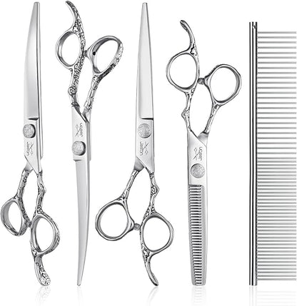 JASON Dog Grooming Scissors Kit, Professional 6 in 1 Dog Scissors Set - 6.5" Thinning, 7" Straight, 7" Up-Curved, 7" Down-curved Shears and Comb for Dog Cat Pet (Silver) Christmas Gift