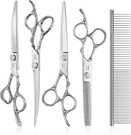 JASON Dog Grooming Scissors Kit, Professional 6 in 1 Dog Scissors Set - 6.5" Thinning, 7" Straight, 7" Up-Curved, 7" Down-curved Shears and Comb for Dog Cat Pet (Silver) Christmas Gift
