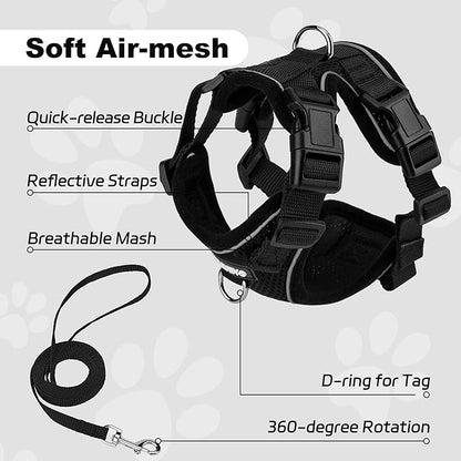 Small Dog Harness and Leash Set, No Pull Adjustable Pet Harness for Small Dogs, Breathable Mesh Rflective Dog Vest Harness (Black, XS)