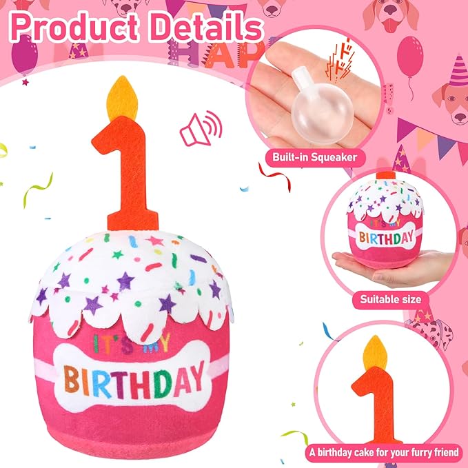 Dog Birthday Cake Toy Accessories for Girl Boy Gifts, Squeaky Plush Toy for Dog Birthday Party Decor Favor for Large, Medium and Small Dogs(1st,Pink)