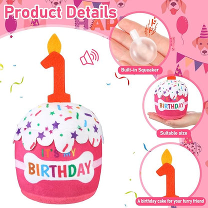 Dog Birthday Cake Toy Accessories for Girl Boy Gifts, Squeaky Plush Toy for Dog Birthday Party Decor Favor for Large, Medium and Small Dogs(1st,Pink)