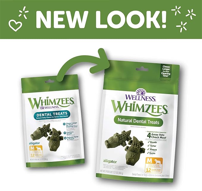 Whimzees Wellness Alligator Dog Dental Treats, Medium Size, (12 Count)