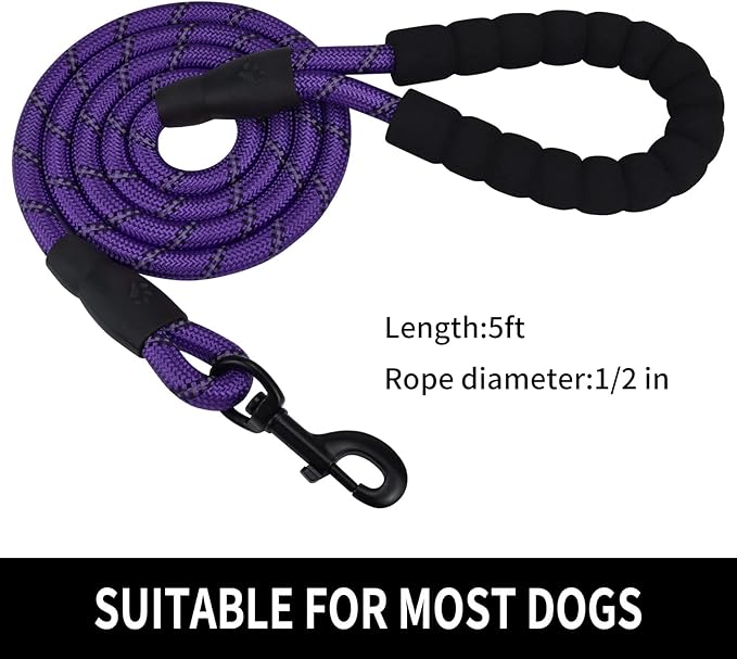 Panykoo 5/6 FT Strong Pet Dog Leash with Soft Padded Handle,Highly Reflective Rope for Night Walking,360-Degree Rotating Metal Buckle Without Tangles,Suitable for Small,Medium and Large Dogs.(5ft)