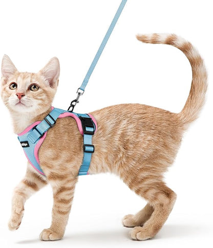 rabbitgoo Cat Harness and Leash for Walking, Escape Proof Soft Adjustable Vest Harnesses for Cats, Easy Control Breathable Reflective Strips Jacket, Light Blue&Pink, S