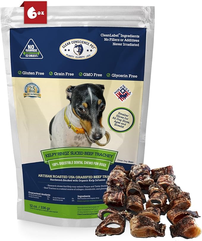 CLEAR CONSCIENCE PET Kelpy™ Ringz™ 1-Inch Beef Trachea Rings with Organic Kelp for Small Dogs, Natural Dental Chew Treats, Rawhide-Free, Highly Digestible, Made in USA, 6 oz Puppy Snacks