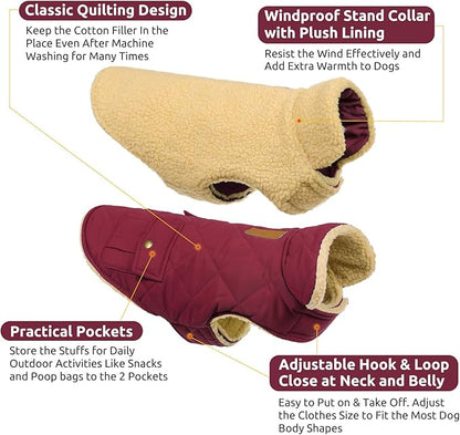 Queenmore Dog Winter Coat Warm Puffer Jacket Waterproof Plush Lining Thermal Cold Weather Vest for Small Medium Large Dogs, Windproof Easy On Pet Jacket Burgundy M