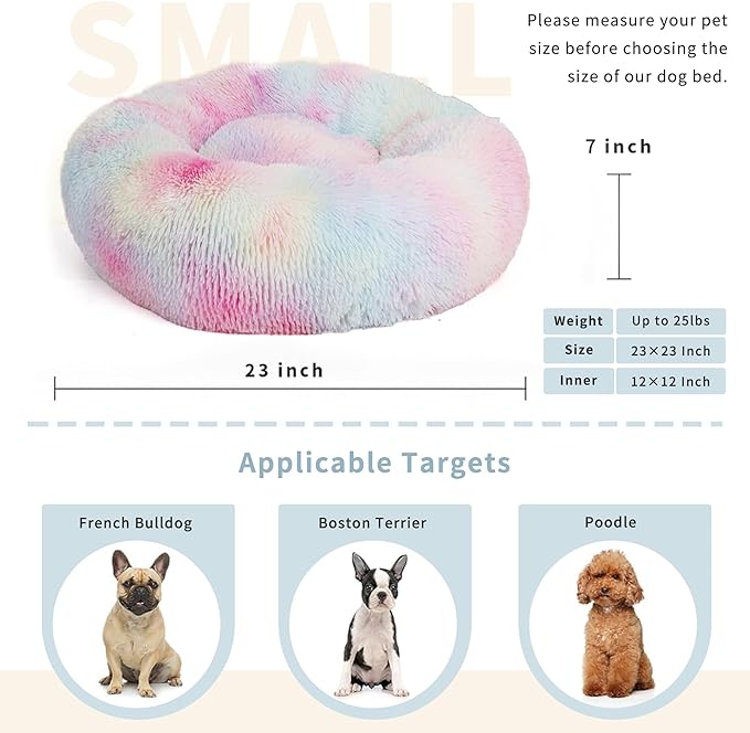 Calming Donut Dogs Beds for Small Dogs Washable,23inch Plush Round Pet Bed for Cozy Sleep,Fluffy Faux Fur Large Cat Bed,Fits up to 25 lbs Pets,Multi Colored