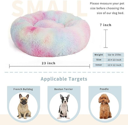 Calming Donut Dogs Beds for Small Dogs Washable,23inch Plush Round Pet Bed for Cozy Sleep,Fluffy Faux Fur Large Cat Bed,Fits up to 25 lbs Pets,Multi Colored