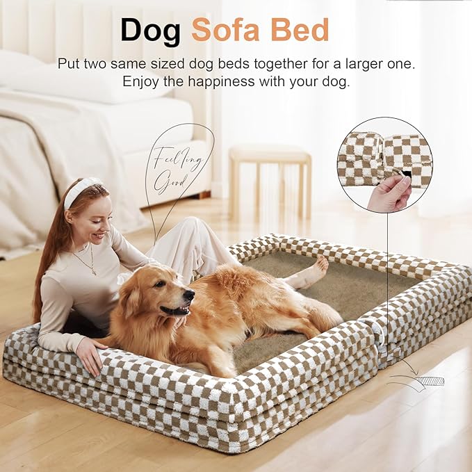 Large Dog Bed Orthopedic Washable: Beds Bolster XXL Bed Big XLarge Dogs Egg Crate Foam Sofa Couch Waterproof Removable Cover - Brown Grid