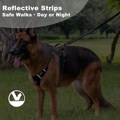 No Pull Dog Harness for Extra Large Dogs, Adjustable, Reflective Breathable Padded Vest with 2 Metal Leash Clips and Handle for Control or Car Seatbelt Use, Black, XL