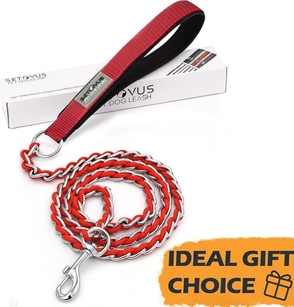 Dog Leash Chew Proof, Chain Leash Anti Chew Dog Leash for Large Dogs Heavy Duty, Indestructible Metal Leash Anti Bite Chain Link with Woven Cord Soft Padded Handle (Red, 4FT)