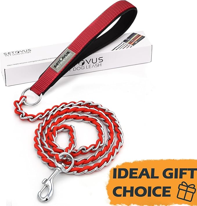 Dog Leash Chew Proof, Chain Leash Anti Chew Dog Leash for Large Dogs Heavy Duty, Indestructible Metal Leash Anti Bite Chain Link with Woven Cord Soft Padded Handle (Red, 5FT)