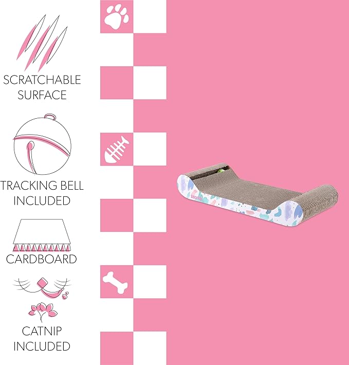 The LICKER Store CSR1003A Rini 23.75" Modern Cardboard Lounge Bed Cat Scratcher with Built-in Bell Toys and Catnip, White/Multi