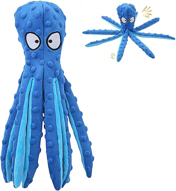 Octopus Dog Toy – Squeaky & Crinkle Plush – No Stuffing Toy for Small, Medium & Large Dogs – Interactive Pet-Safe Soft Toy for Tug, Fetch & Play – Blue– Tail Town