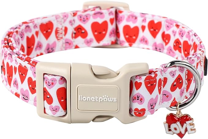 Lionet Paws Valentine's Dog Collar- Cute Pink Wink Heart Dog Collars with Plastic Buckle, Light Adjustable Dog Collars for Small Dogs