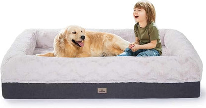 PetFun Memory Foam XL Dog Bed for XLarge Sized, Extra Large Orthopedic Dog Sofa with Sides and Waterproof Liner, Washable Bolster Pet Bed Couch with Removable Cover, 60x43x13 Inch, Beige