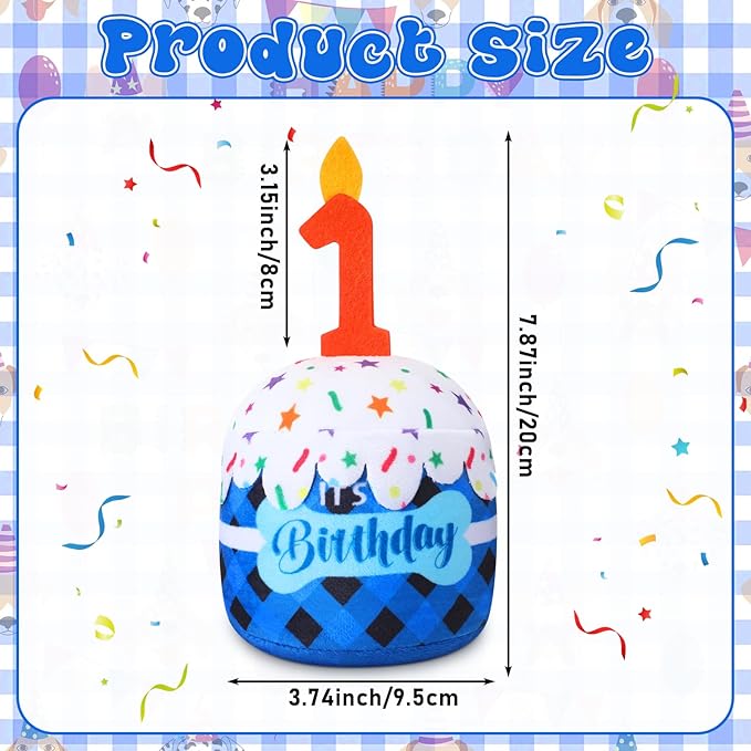Dog 1st Birthday Cake Toy Accessories for Girl Boy Gifts, Blue Grid Squeaky Plush Toy for Dog Birthday Party Decor Favor for Large, Medium and Small Dogs