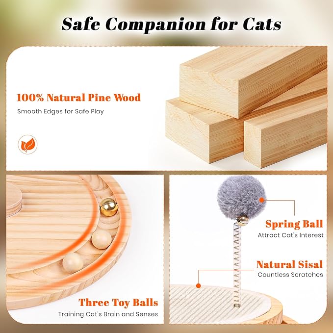 LMUGOOS Cat Scratcher, Cat Natural Sisal Scratching Pad, Kitten Interactive Toy with Ball Track Spring Ball for Chasing Hunting Mental Physical Exercise Puzzle