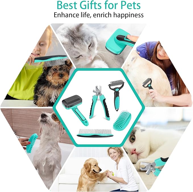 WOPQAEM 5 PCS Self Cleaning Slicker Brush & Pet Grooming Rake & Bath Brush & Nail Clippers & Pet Comb for Dogs and Cats,Professional Deshedding Dematting Tool for Long and Short Haired Pets