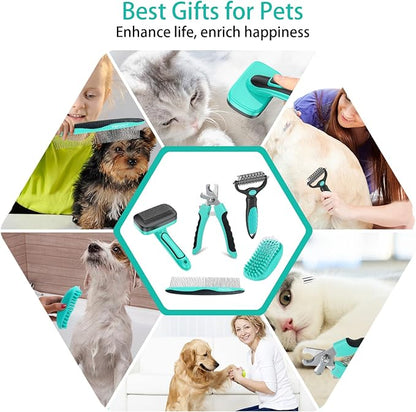 WOPQAEM 5 PCS Self Cleaning Slicker Brush & Pet Grooming Rake & Bath Brush & Nail Clippers & Pet Comb for Dogs and Cats,Professional Deshedding Dematting Tool for Long and Short Haired Pets