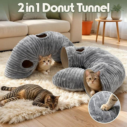 OurWarm Cat Tunnel Bed for Indoor Cats - Round Cat Tunnel Bed with Removable and Washable Circle Cushion, Donut Cats Play Tunnels, Kitten Toys with Ear Sounds for Kitten/Puppy/Rabbit, Grey