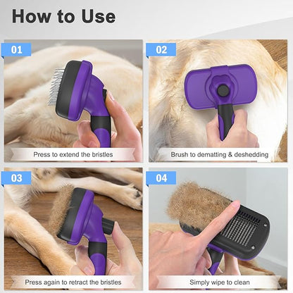 Dipoo Self Cleaning Cat & Dog Grooming Brush - Skin Friendly Deshedding Hair Brush for Haired Dogs & Puppies, Purple