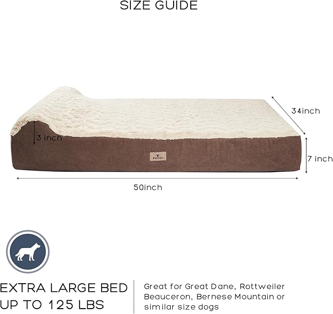 PetFun Jumbo Orthopedic Dog Bed - 7-inch Thick Memory Foam Pet Bed with Pillow Removable Cover Free Waterproof Liner - for Large Dogs (Khaki (Textured Plush), 50''L x 34''W x 10''Th I Extra Large)