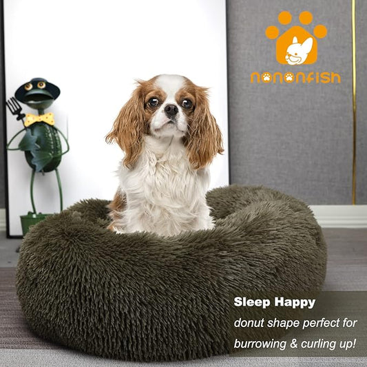 Calming Donut Dogs Beds for Small Dogs Washable,23inch Plush Round Pet Bed for Cozy Sleep,Fluffy Faux Fur Large Cat Bed,Fits up to 25 lbs Pets,Army Green