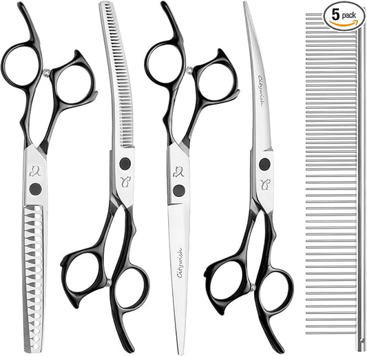 Dog Grooming Scissors,Curved Thinning Scissers and Chunker Shears for Dog Grooming with Safety Round Tips, Sharp and Comfortable 5 in 1 Deg Scissors for Grooming